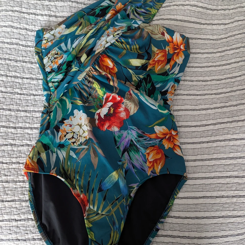 Miraclesuit Teal One-Shoulder Tropical Floral One-Piece with Red & White Flowers - Picture 2 of 4